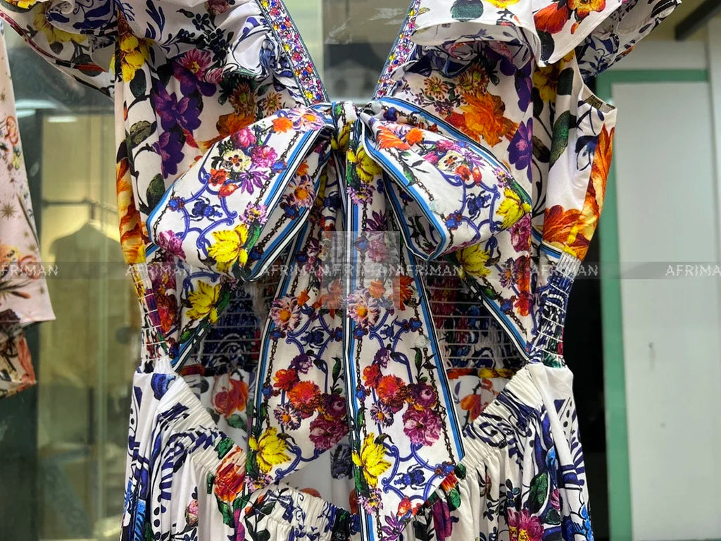 Women V Neck Crystal Beaded Flying Sleeve Retro Flower Print Elastic