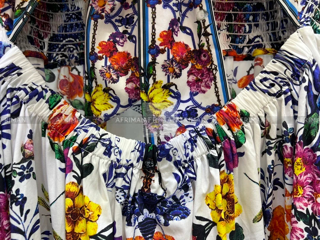 Women V Neck Crystal Beaded Flying Sleeve Retro Flower Print Elastic