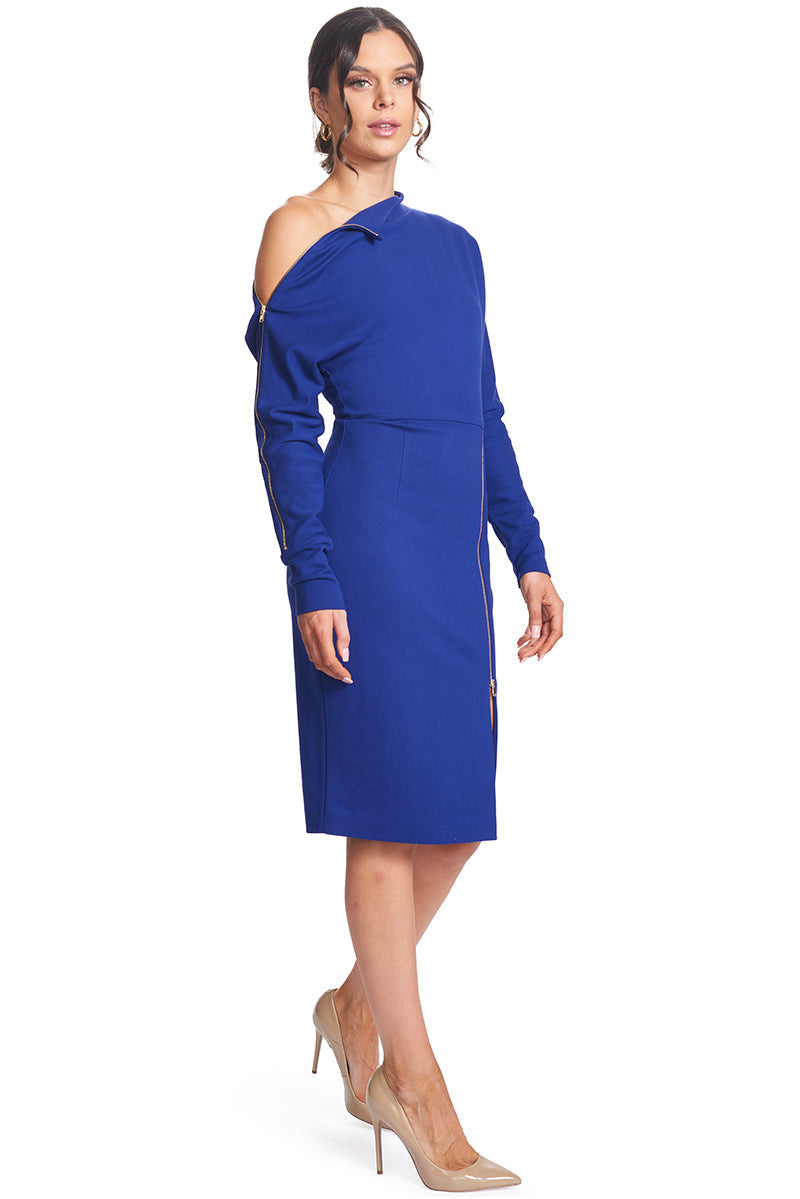 Josefa Asymmetric Dress Royal Blue - Long sleeve convertible midi